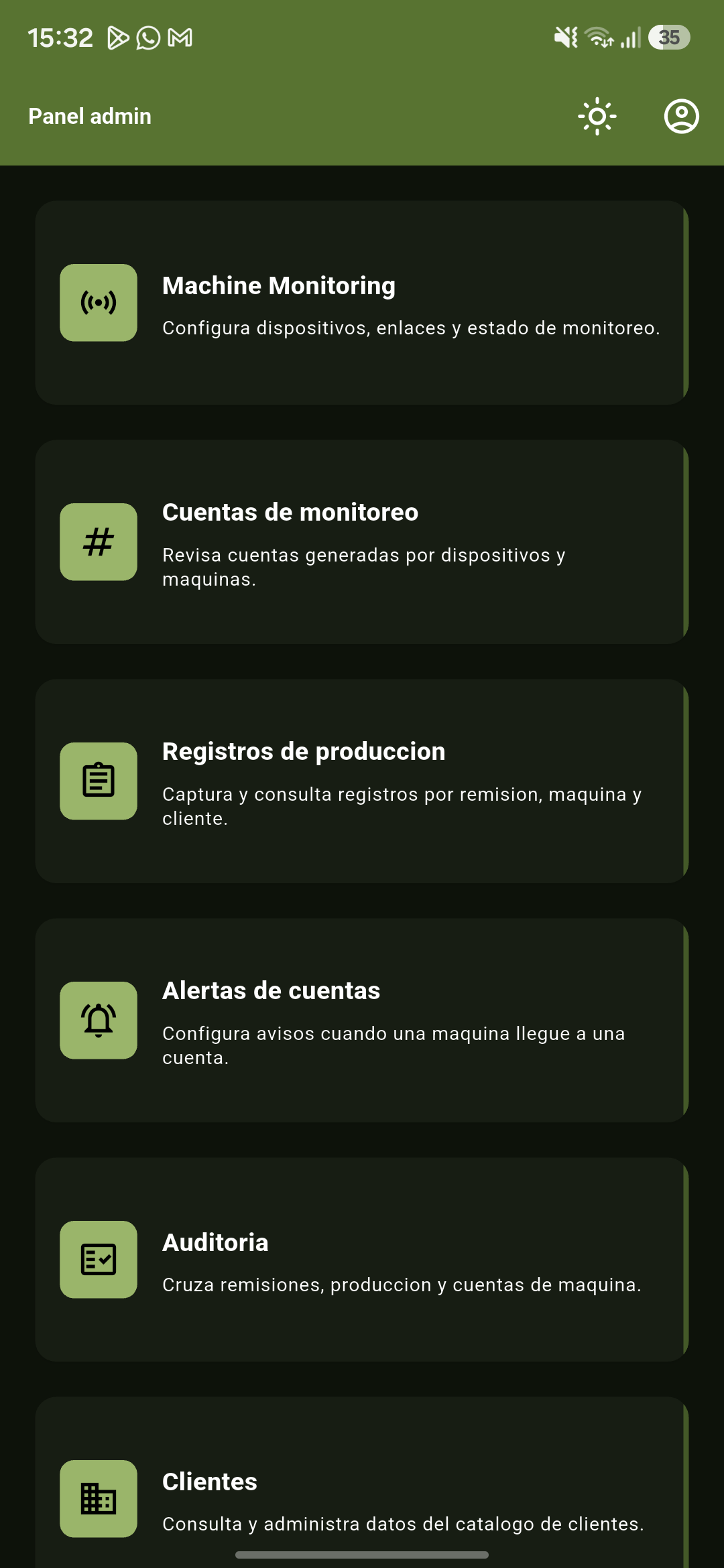 Vista móvil del sistema de monitoreo