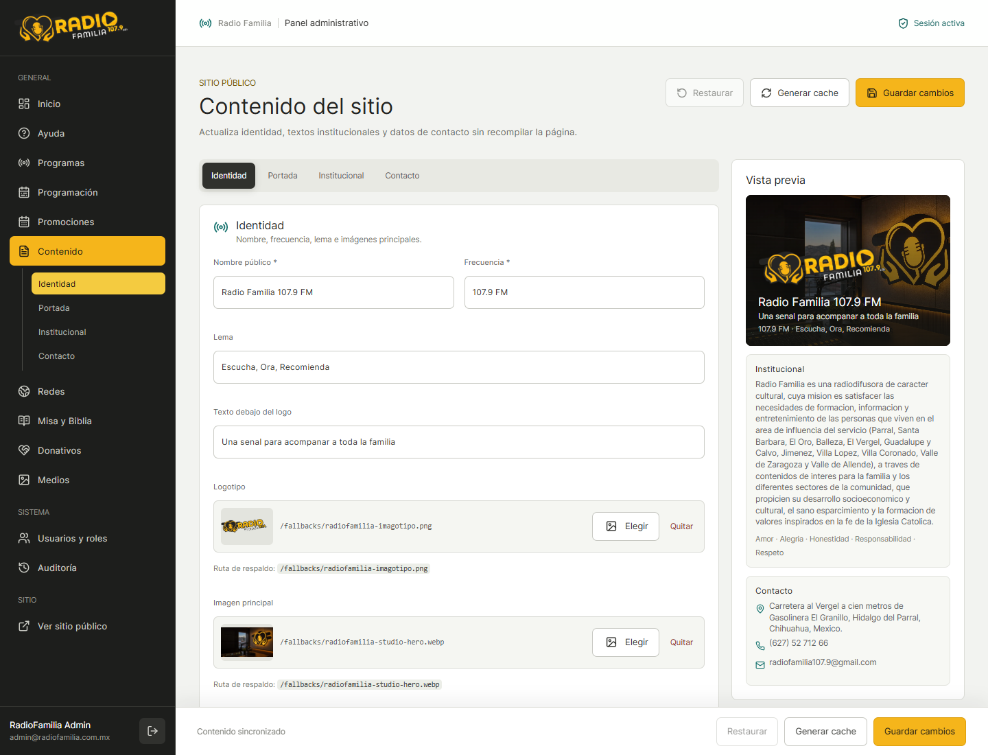 Configuración de marca en RadioFamilia Web