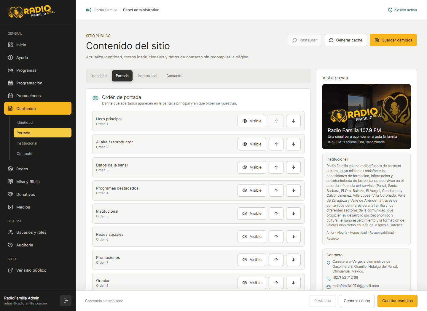 Edición de contenido de inicio en RadioFamilia Web
