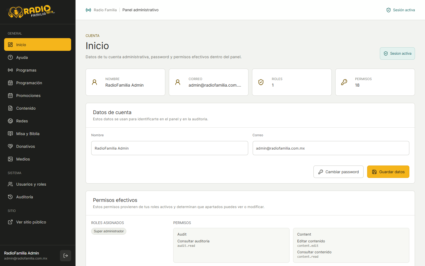 Dashboard administrativo de RadioFamilia Web