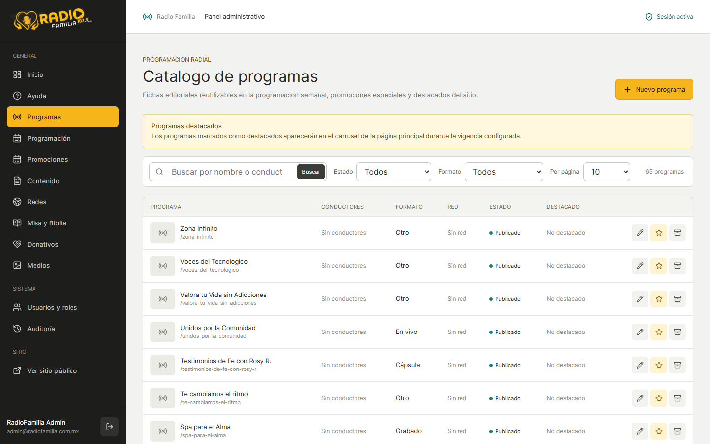 Catálogo de programas en el panel de RadioFamilia Web
