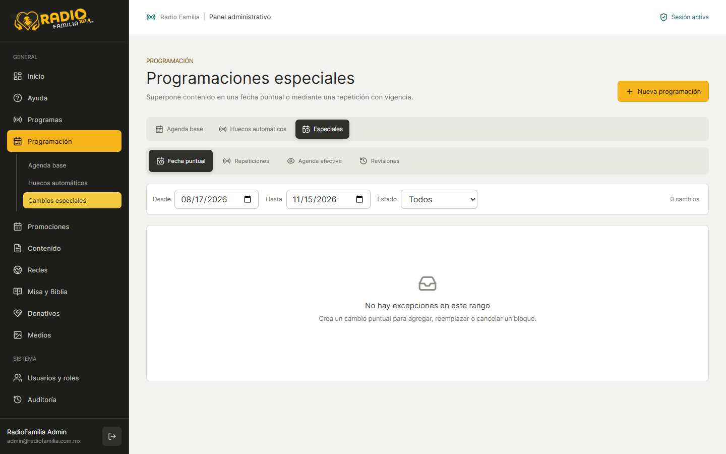 Excepciones de programación en RadioFamilia Web