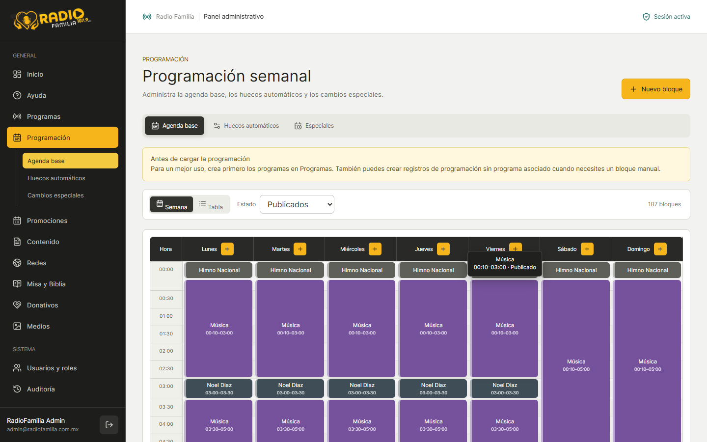 Agenda semanal en el panel de RadioFamilia Web