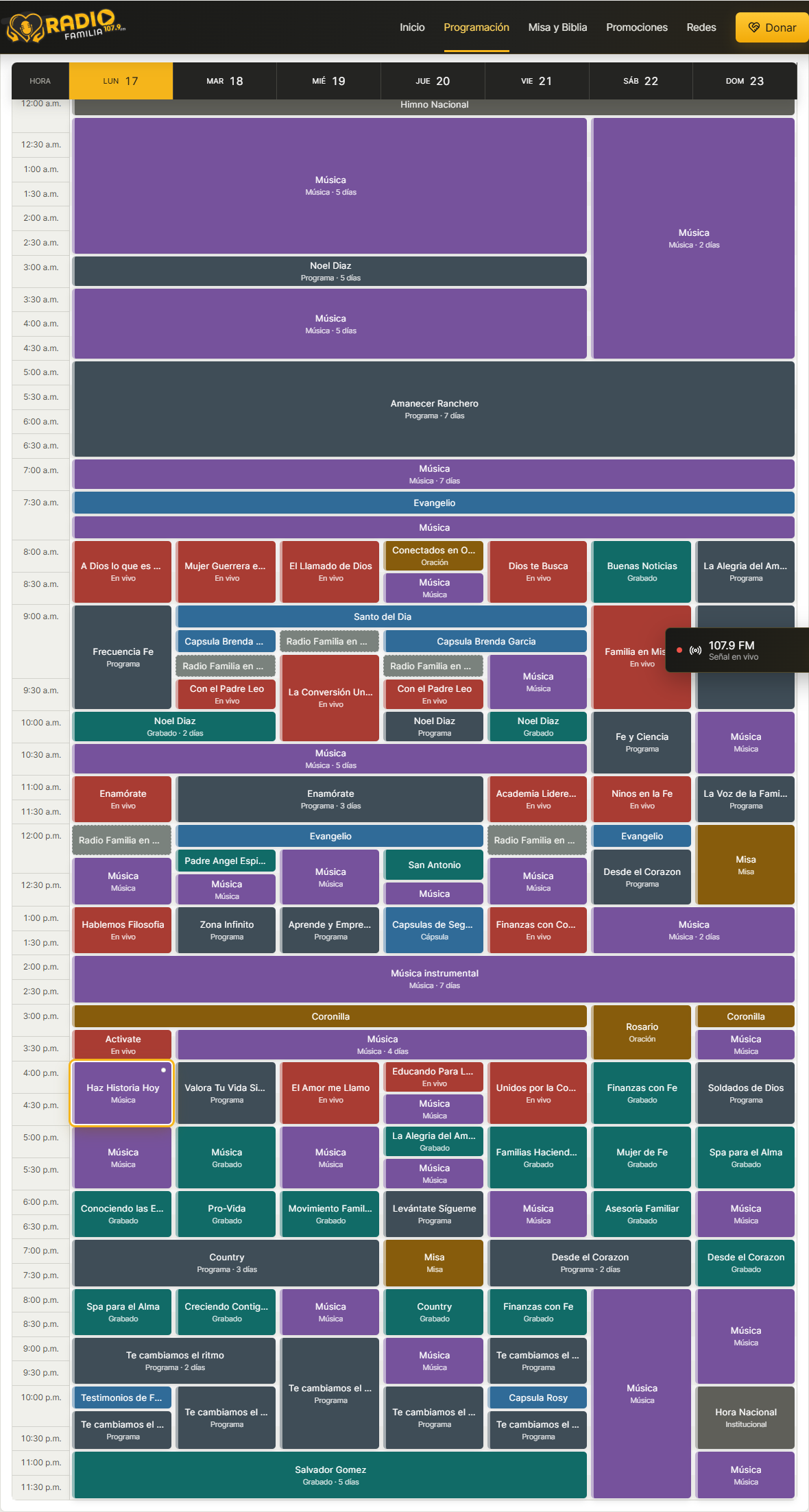 Calendario semanal de RadioFamilia Web