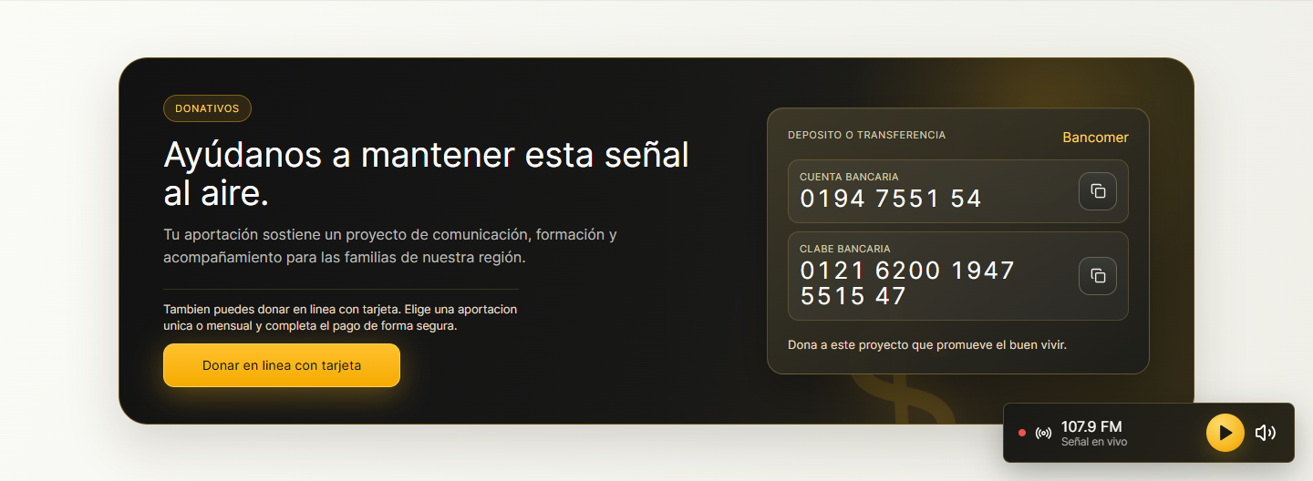 Sección de donativos de RadioFamilia Web