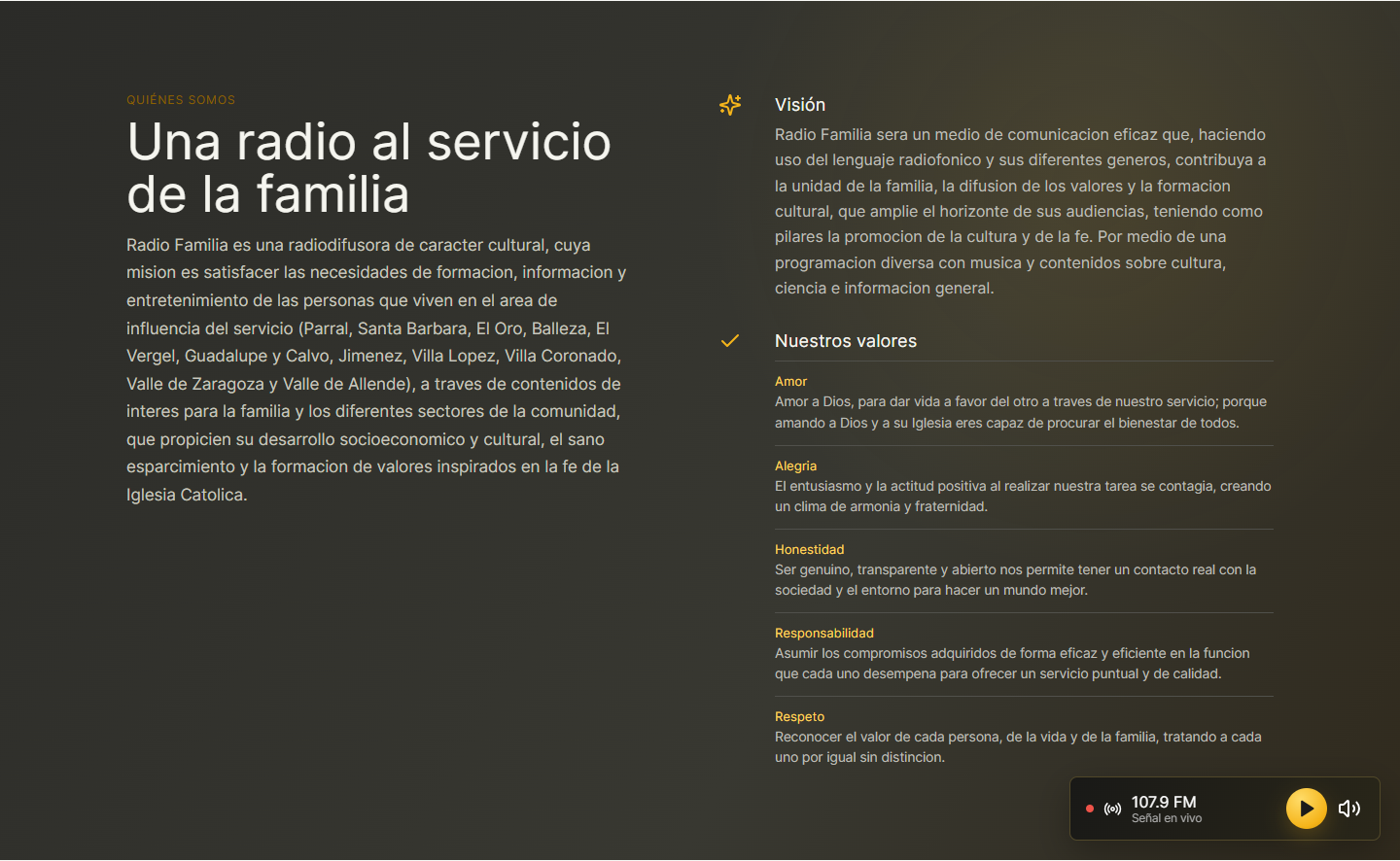 Contenido institucional editable de RadioFamilia Web