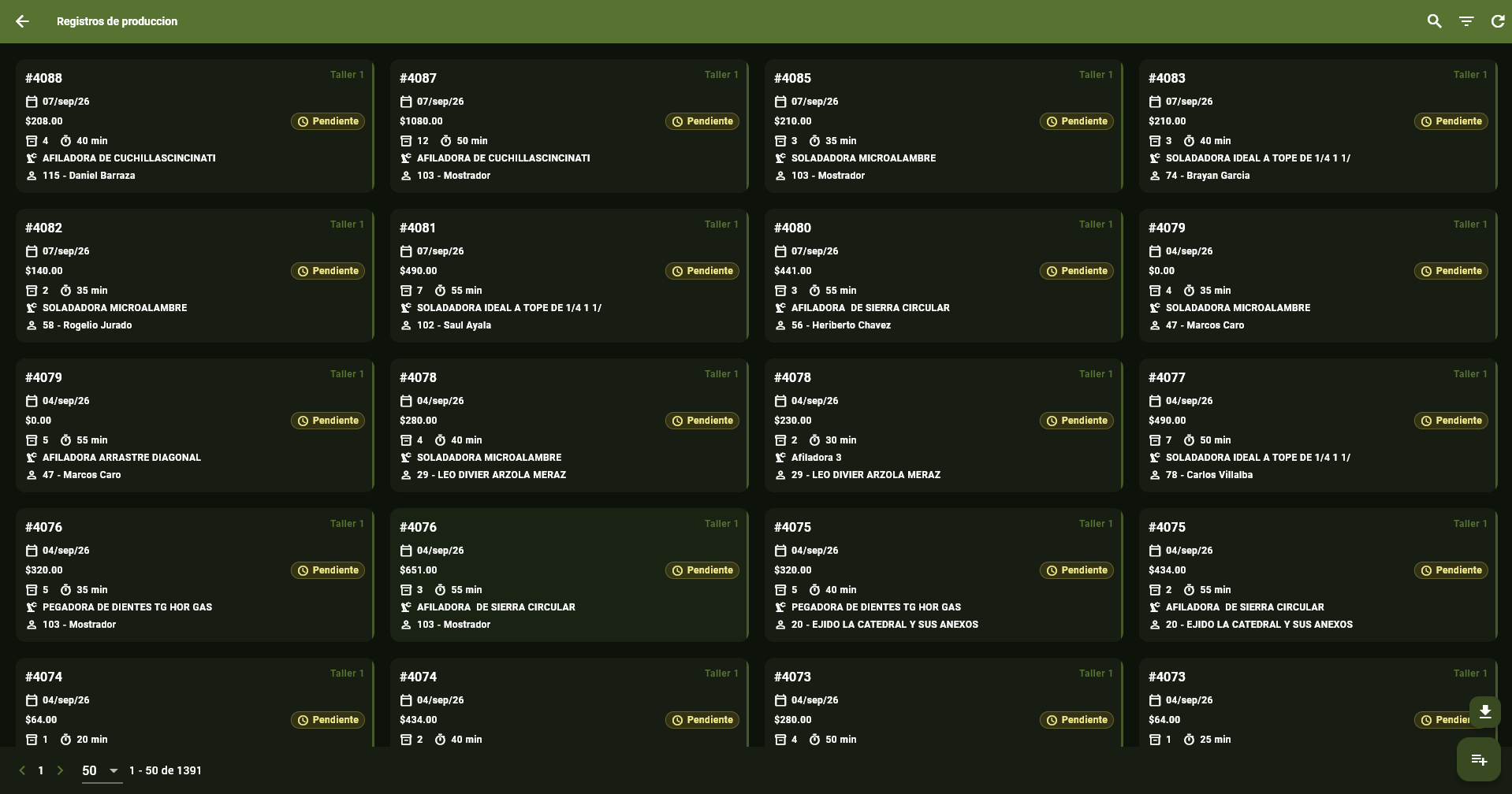 Lista de registros de producción
